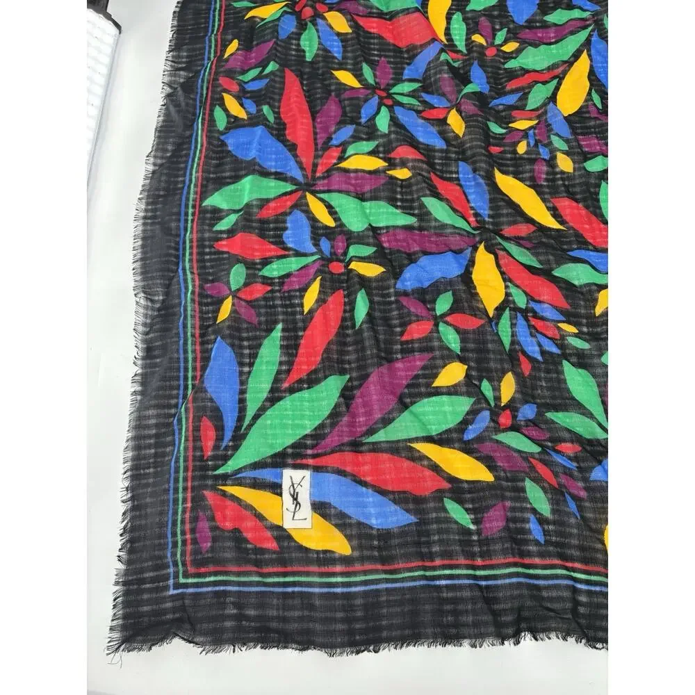 YSL Vintage Scarf Shawl Womens Black Multicolor Floral Fringe Sheer Wool Logo